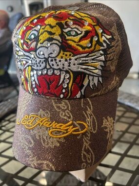 Ed Hardy Brown Glitter Cap with Red & Yellow Tiger Embroidery